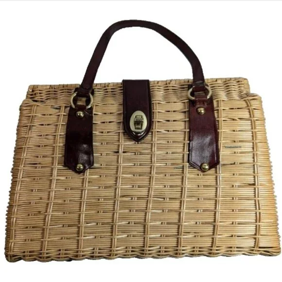 VTG Handwoven Wicker Basket Satchel Handbag Tan Leather-Brass Accents Hong Kong - Picture 1 of 11